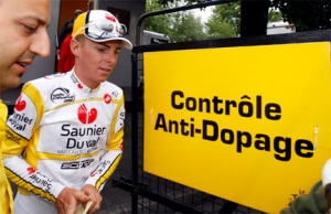 Saunier Duval team rider Ricco of Italy leaves the anti-doping control after finishing of the ninth stage of Tour de France between Toulouse and Bagneres de Bigorre